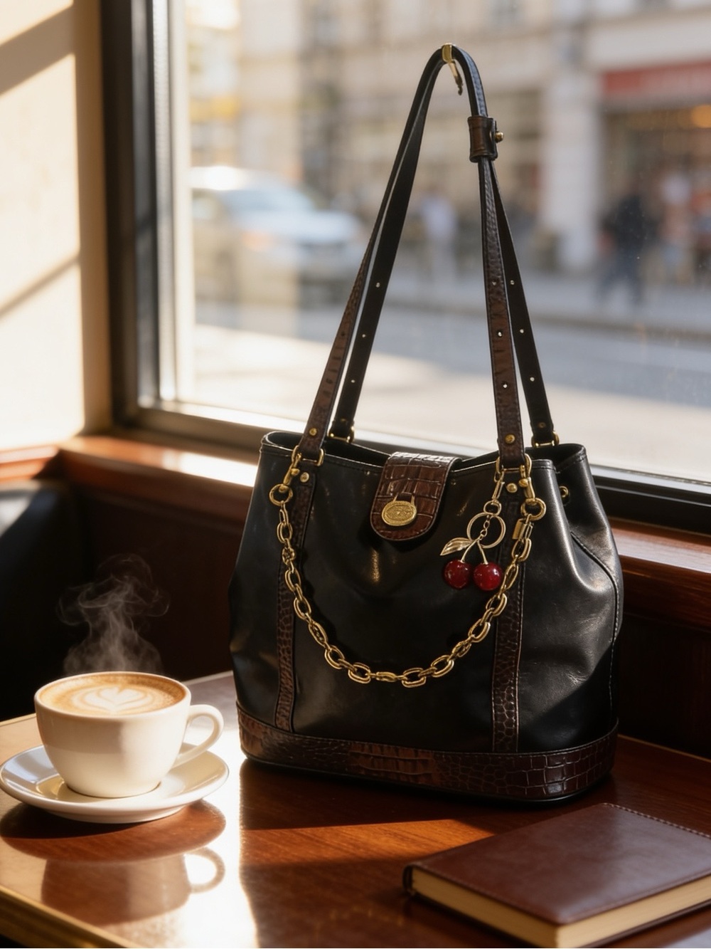 Brahmin Vintage Tuscan Melbourne Black Leather Bucket Bag & Brown Croc Trim